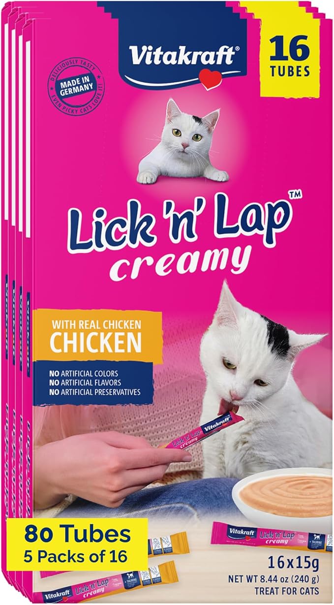 Vitakraft Lick 'N' Lap Real Chicken Squeezeable Liquid Cat Treats, Lickable, Chicken Broth #1 Ingredient, No Artificial Colors, Preservatives or Added Sugar, for Hydration, 0.52 oz. Tubes, 80 Count