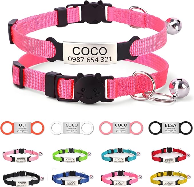 Cat Collar with Name tag, Adjustable and Durable Polyester Personalized cat Collar with Bell, Custom Carved pet Name and Phone Number, Suitable for Boys and Girls Cats,Pink