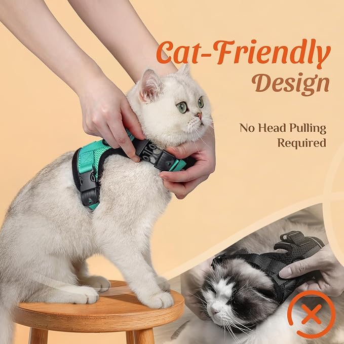 Dooradar Cat Harness and Leash Set, Escape Proof Soft with 3 Adjustable Buckles, Comfortable Vest Easy to Wear Kitten Harness with Reflective Strip, Safe for Outdoor Walking, Cyan Green, XS