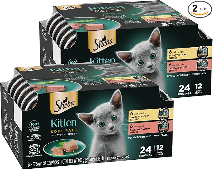 Sheba Perfect Portions Kitten Wet Food, Pate Cat Food Wet Entree, Chicken Recipe and Salmon Recipe, 2.6 oz. Twin-Pack Trays (12 Count, 24 Servings) (Pack of 2)