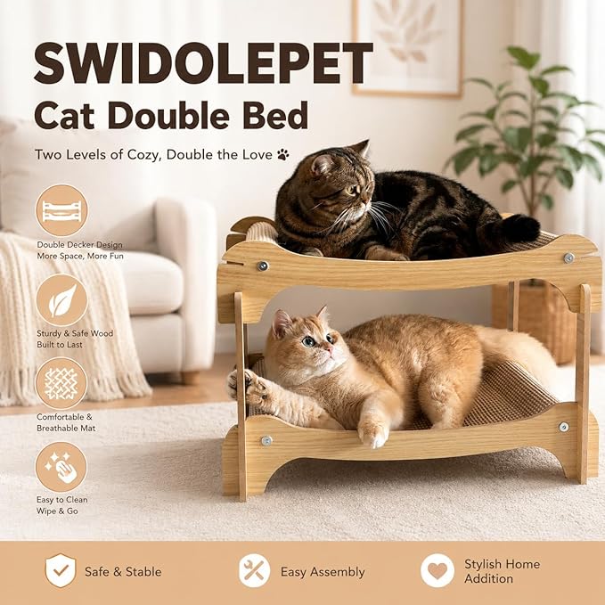 Two Level Sisal Cat Scratcher for Cats, Double Cat Bed with Interactive Hanging Plush Ball, 2 Tier Scratching Post for Indoor Small Medium Cats Kittens