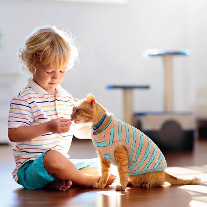 Sphynx Cat Clothes, Breathable Hairless Cat Shirts, Stripe Kitten T-Shirts Sleeveless, Pullover Cat Sweaters, Pet Summer Apparel for Sphynx, Cornish Rex, Devon Rex, Peterbald, Small Dogs