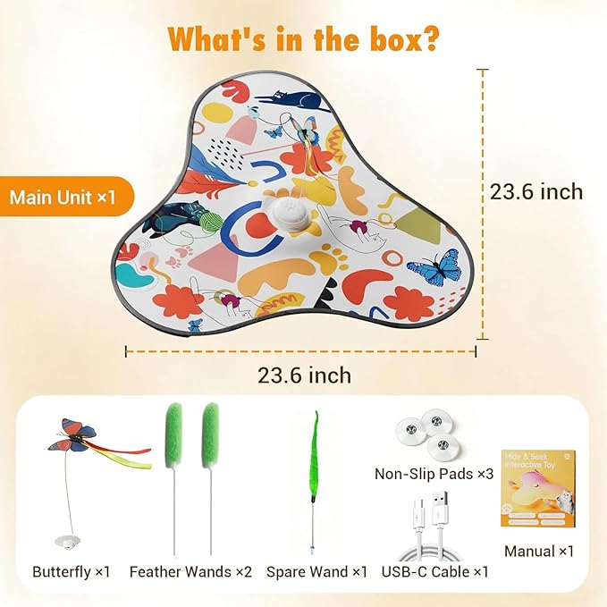Interactive Cat Toys for Indoor Cats,3-in-1 Hide and Seek Cat Toy with Moving Concealed Wand Feather&Fluttering Butterfly,3 Prey Sounds，Auto Chargeable Play Mat for Bored Adult Cats&Kittens(White)