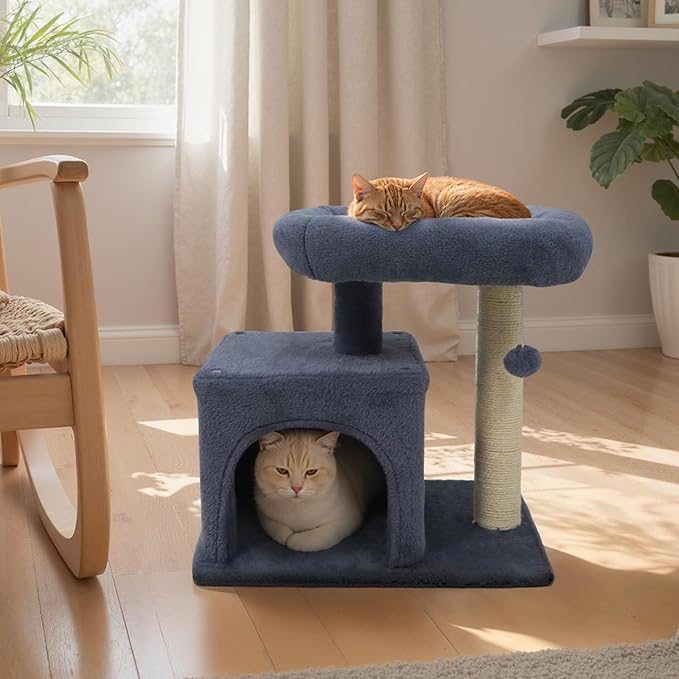 Tangkula Small Cat Tree for Indoor Cats, Cat Tower with Sisal Scratching Posts, Hanging Pompom, Cat Condo with Large Padded Plush Perch for Small Spaces, Kittens (Dark Grey)