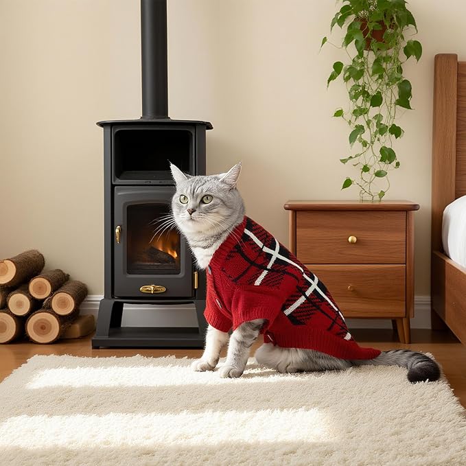 EXPAWLORER Cat Sweater Cardigan - Stylish Knit Cat Clothes, Plaid British Style Soft Puppy Sweater with Sleeve, Warm Pet Clothing Knitwear, Fall Winter Kitten Coat for Girl Boy Cats, Red L