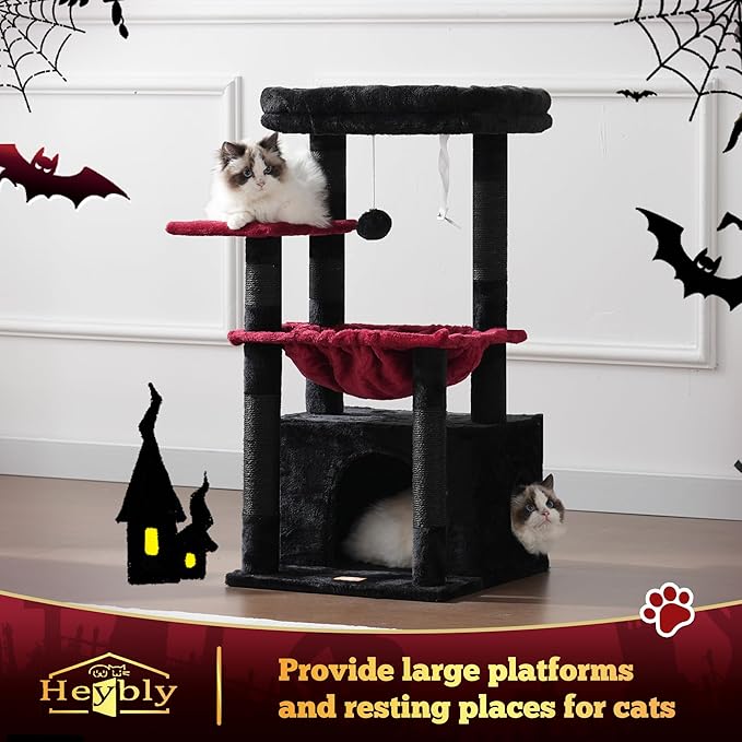Heybly Cat Tree, Kitten Tower with Large Soft Cat Basket,Cat Condo with Spacious Cat Bed Cave with Hidden Space，Sisal-Covered Scratching Posts,Dangling Ball for Indoor Cats, Black and Red HCT008SBR