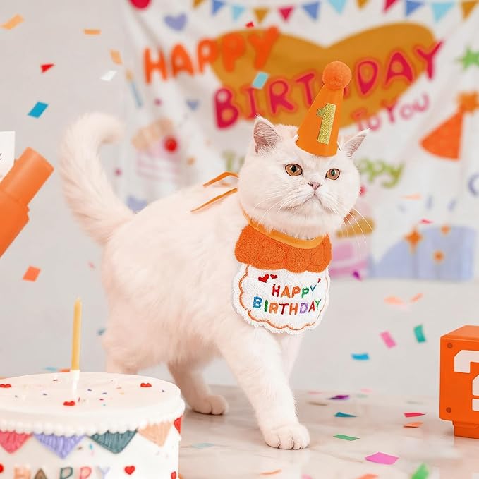 Reusable Cat Birthday Decorations Set - Adjustable Cat Birthday Hat & Bandana with Age Numbers | Kitty Celebration Kit for Memorable Milestones（Orange）
