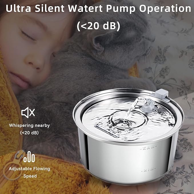 Cat Water Fountain Stainless Steel,3.2L/108oz Automatic Pet Fountain Dog Water Dispenser,Ultra Quiet Pump with 3 Replacement Filters for Cats, Dogs, Multiple Pets