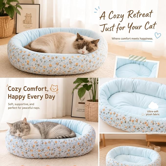 Floral Print Cat Beds for Indoor Cats Cozy Plush Fabric, Supportive Raised Sides, Non-Slip Bottom Washable Mat for Small Medium Pet Puppy Dog (Light-Blue,Medium)