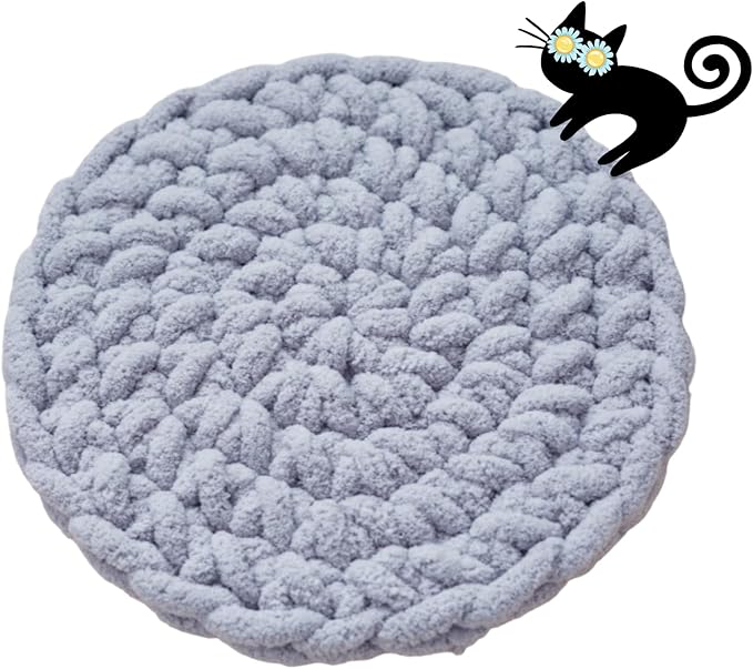Cat Self-Warming Knitted Bed Mat, Extra-Soft Warm Round Washable Pads Cushions for Indoor Kittens & Kitty Small Pets Cat Trees (Blue-Grey,Small)