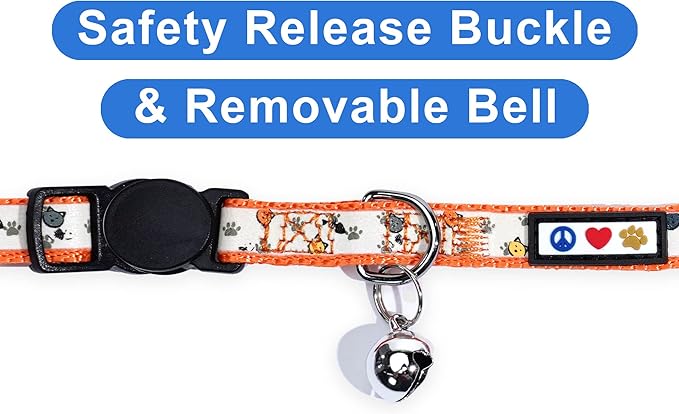 Pawtitas Glow in the Dark Cat Collar – Safety Buckle & Removable Bell, Adjustable Kitten Collar, Orange