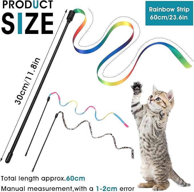 cobee 3 Pack Cat Wand Toy Set, 30cm Cat Interactive Wand with Rainbow Ribbon String + Leopard Print Cloth String for Kitten Training & Exerciser, Indoor Kitten Catcher