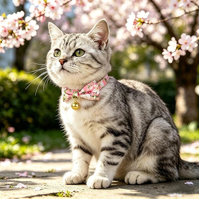 2 Pack Floral Bow Tie Cat Collars with Bell, Adjustable Soft Cotton Cute Kitten Collars with Safety Breakaway Buckle for Cats & Small Dogs(Fl Blue+Pink)