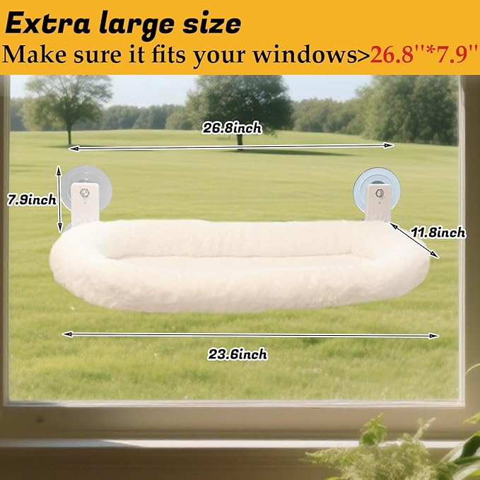 Extra Large Cat Window Hammock (23.8×11.8in) - Washable 2-Season Fabric Cover, 4 Strong Suction Cups, Solid Metal Frame - Foldable Cat Hammock for Large Cats/2 Cats, Cordless Design (White)