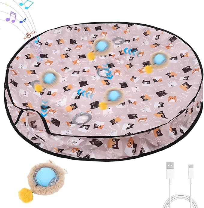 ETACCU Interactive Cat Toys Ball, Automatic Fast Rolling Ball in Play Mat, Hide and Seek Mouse Catching Game for Indoor Adult Cats, 3 Modes Motion Chirping Activated Moving Toy with LED Lights