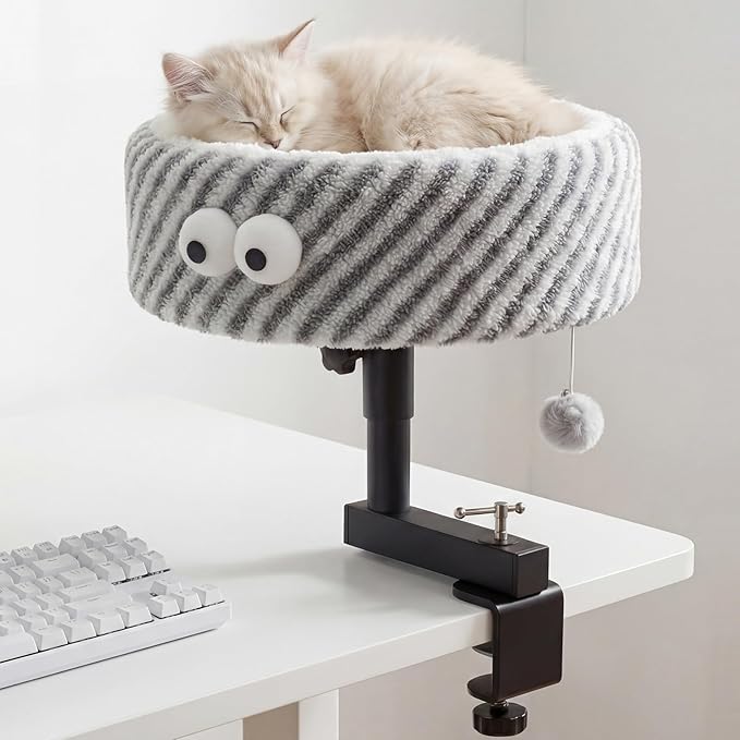 Cat Desk Bed, Height Adjustable 360° Rotating Desk Mounted Cat Bed, 2-in-1 Cat Desk Perch Hammock, Desk Cat Bed Attachment with Washable Cushion for Most Cats (Gray)