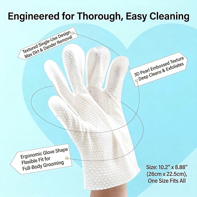 Pet Glove Wipes for Cats & Dogs, No Rinse Deodorizing Cleaning Mittens, Sphynx Cat Supplies, Thickened Hypoallergenic Aloe Vera, Unscented Full Body Grooming, Daily Care & Travel, 12 Count