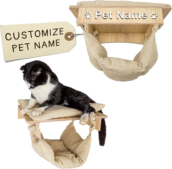 Personalized Hanging Cat Bed, Cat Hammock with Cushion, Wood Wall Mounted Cats Shelf, Wooden Furniture Perch for Playing Sleeping Scratching, Your Pet Gifts