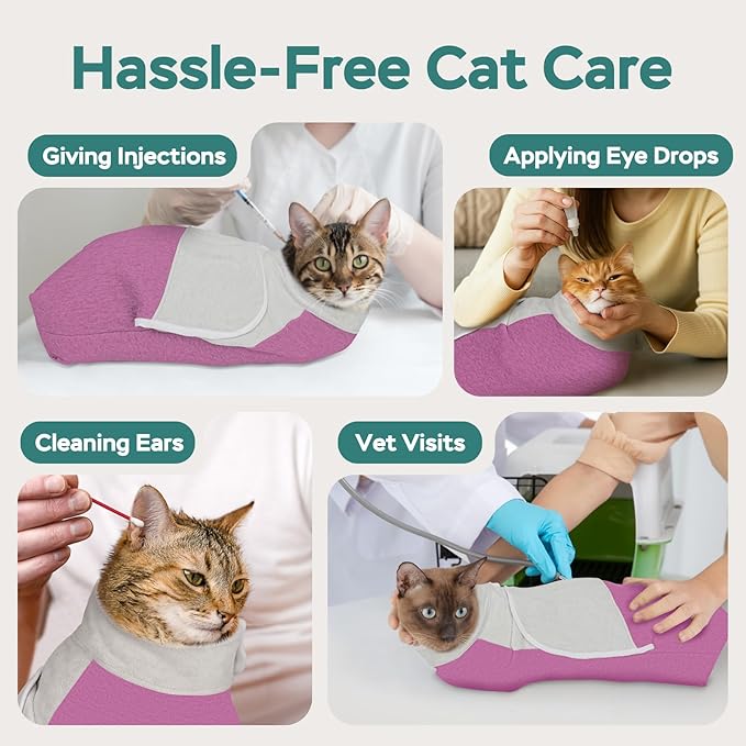 Self-Adhesive Cat Grooming Wrap, Cozy Cat Wrap for Cutting Nails, Breathable Anti-Scratch Cats Swaddle Bag for Brushing, Ear Cleaning, Dental Care, Medication, Injections,Pinkish Purple S