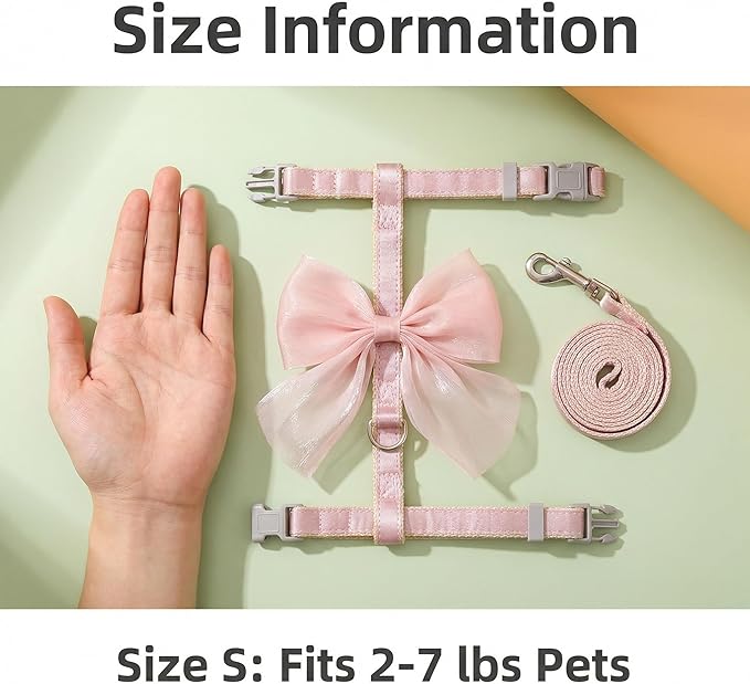 Pink Leash and Bow H-Shaped Design Harness for Small Cats Dogs, Proof Soft Adjustable Vest Easy Control Breathable Harnesses for Small Cats Dogs (S 2-7LBS)