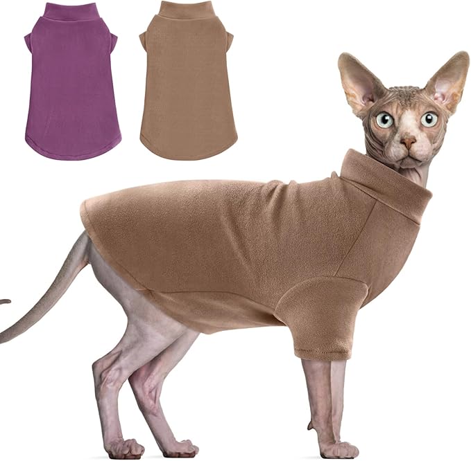 Idepet Sphynx Cats Sweater 2 Pack,Turtleneck Hairless Cat Shirt Soft and Warm Kitten Clothes with Sleeves Pullover Pet Winter Pajamas Jumpsuit for Cat Puppy (Purple&Brown, Small)