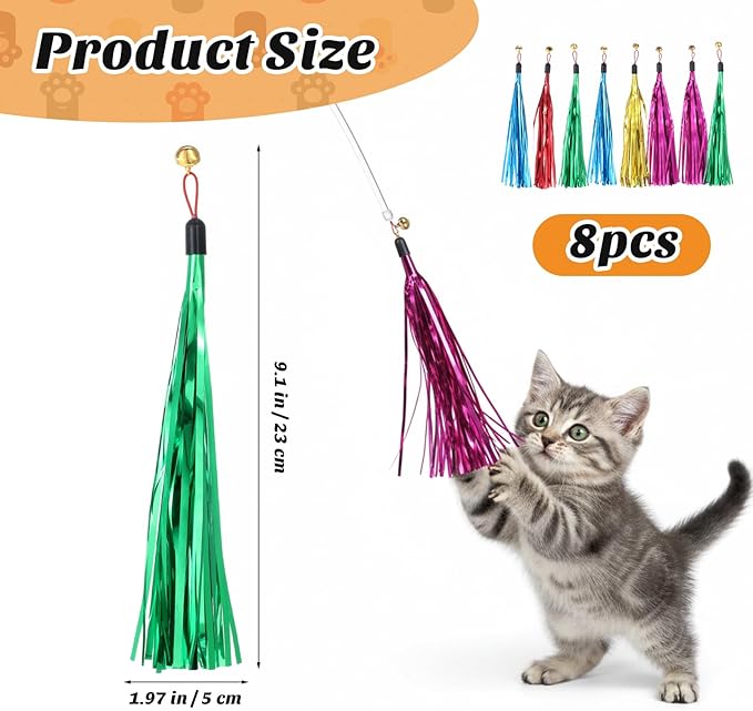 8 Pcs Cat Wand Toy Replacement with Bell Metallic Foil Tassel, 9 Inches Interactive Wand Toys for Indoor Cats for Most Cats Chase Exercise with Kitten (Multi Colored)
