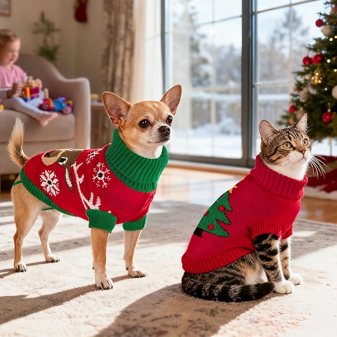 2PCS Puppy Christmas Sweater Cat Turtleneck Knitwear Xmas Elk Outfits Dog Christmas Tree Pattern Warm Clothes Sweater for Kitties Puppies XXS
