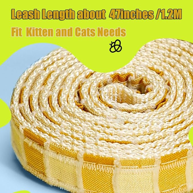 Cat Harness & Leash Set, Cats Escape Proof - Adjustable Kitten Harness for Large Small Cats, Cute Bee Plaid Lightweight Soft Petsafe Harness (Yellow Plaid Bee, M (for 7.0-16.5lb))