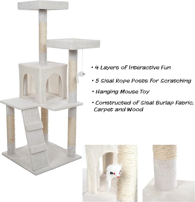 4-Tier Cat Tower - Napping Perches, Cat Condo with Ladder, 5 Sisal Rope Scratching Posts, Hanging Toy – Cat Tree for Indoor Cats by PETMAKER (White)