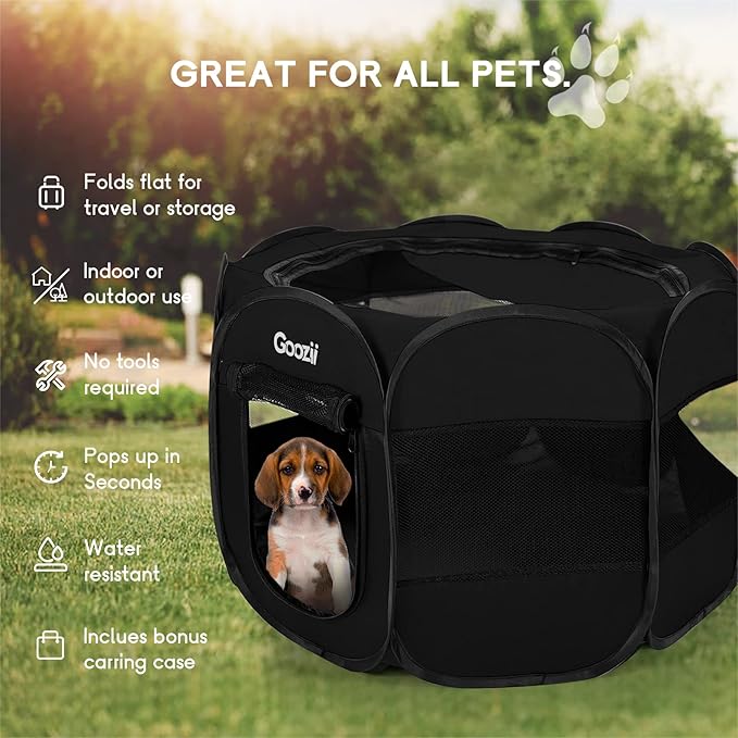 GOOZII Puppy Playpen Indoor for Small Dogs, Portalble Pet Dog Play Pens Kennel Crate with Top Cover Floor Door Enclosed for Large Cats Animal as Dog Lovers (Black, Medium Size)