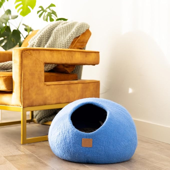 Best Aesthetic Cat Bed - Premium Felted Wool Cat Cave Bed - Cozy Peekaboo Round Cave for Large or Small Cats (Small, Sky Blue)