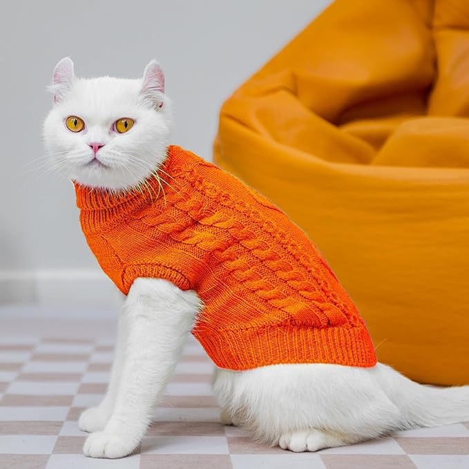 PUPTECK Winter Cat Sweater Coat - Soft Warm Cold Weather Clothes Knitwear for Kittens & Small Dogs Indoor Outdoor Wearing, Knitted Classic for Doggies Kitties Girls Boys, Orange, L