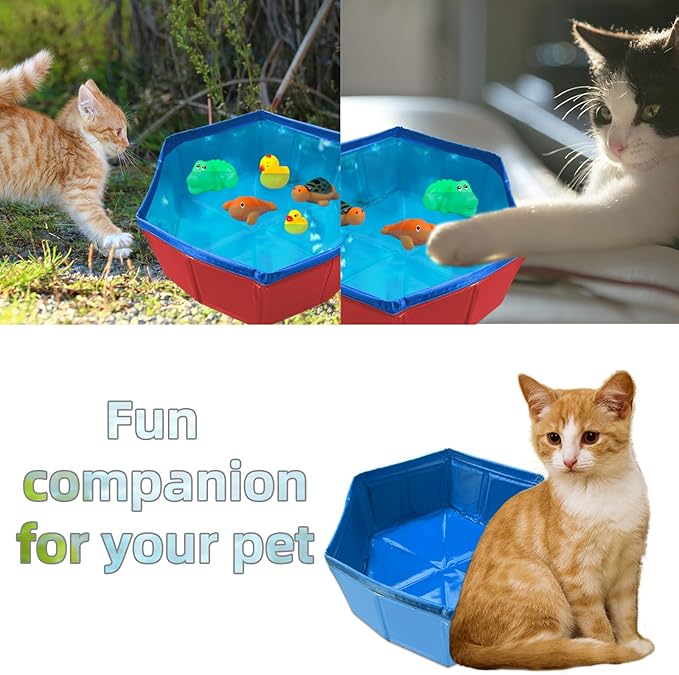 2 pcs Cat Pool Toys with 5 pcs Swimming Toys, VEINARDYL Foldable PVC Cat Splash Play Pool Water Mat Funny Interactive Cats Fish Toy Swimming Pool for Indoor Bored Cats to Self Play