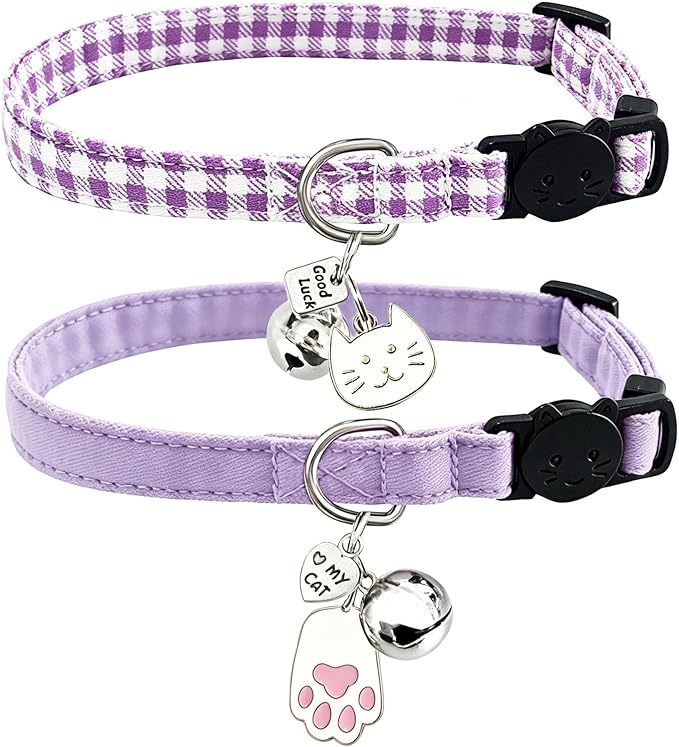 2 Pack Cotton Breakaway Cat Collars with Bell and Charms Purple Solid Plaid Safety Collars for Girl Boy Cats, Cat Head and Paw Pendant Cute Kitten Collars