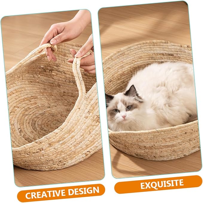 ABOOFAN Rattan Woven Cat Bed Cooling Pet Nest Medium Size for Cats to 8 Lbs Semi-Enclosed Breathable Summer Supply Indoor Pet Furniture
