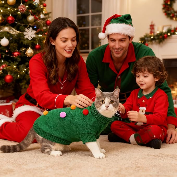 BWOGUE 2 Packs Cat Christmas Sweater Dog Sweaters Pet Cat Winter Knitwear Warm Clothes Christmas Tree with Ball Pet Sweaters for Kittys and Small Dogs