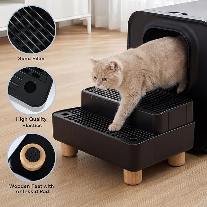 Adjustable 2 Steps Litter Box Ramp, Cat Litter Catcher Mat with Wooden Feet, Filter Function, Litter Box Step for Small & Elderly Cats, Fits Automatic Litter Boxes (Black)
