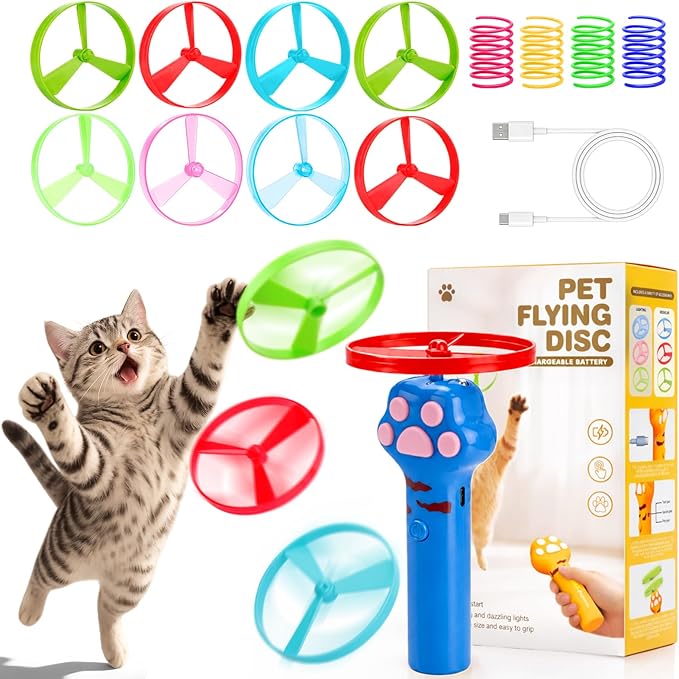 BABORUI Cat Toy Disc Launcher, Rechargeable Interactive Cat Fetch Toy Launcher with 8 Flying Discs, Flying Enrichment Toys for Indoor Bored Kittens & Adult Cats (Blue)