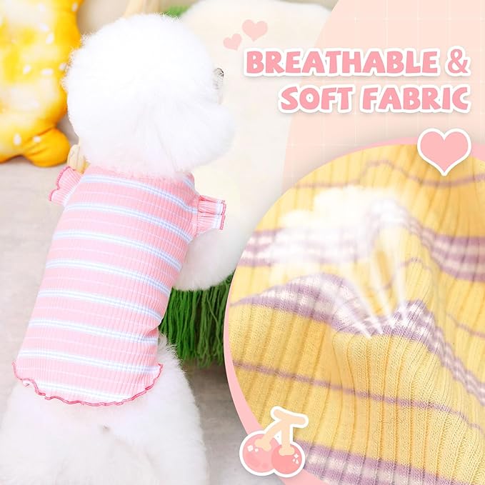 2 Pack Striped Small Dog T Shirt Cute Cherry Girl Dog Clothes for Small Dogs Cats Breathable Soft Cotton Pet Puppy Sleeveless Vest Spring Summer Pet Outfits（Pink+Yellow,Medium）