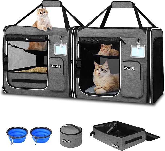 Petskd 2 in 1 Double Cat Car Travel Carrier with Litter Box, 38"x17"x18" Portable Dual Extra Large Cat Carrier for Multiple Cats with Zipper Locks for Moving Across The Country(Grey)