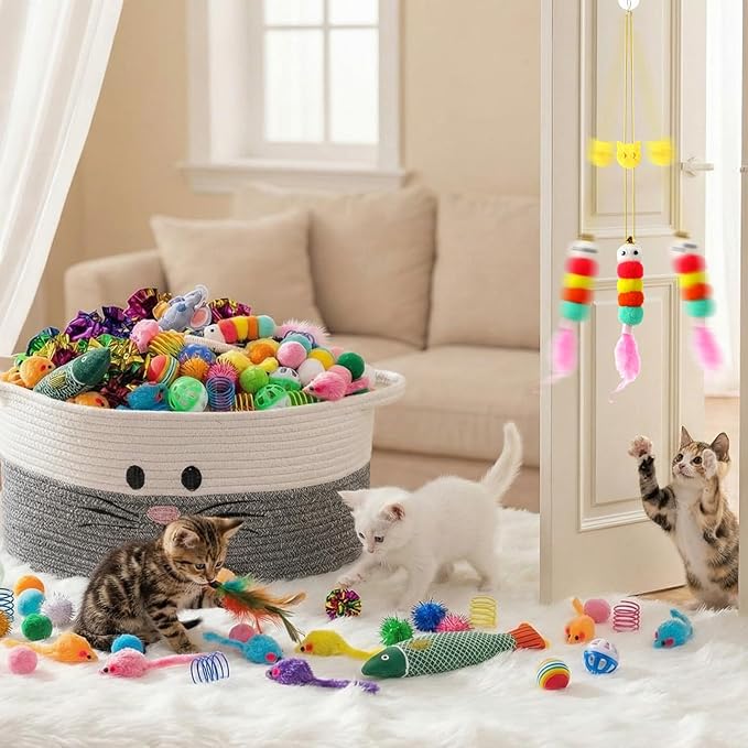 Leitee 100 Pcs Cat Storage Basket Gift Toys Set Cute Cotton Rope Basket, Fish Plush Mice Pet Bell Colorful Crinkle Balls Spring Toys Attract Cat to Swat, Hunt, Interactive for Pet(Basic,Grey,White)