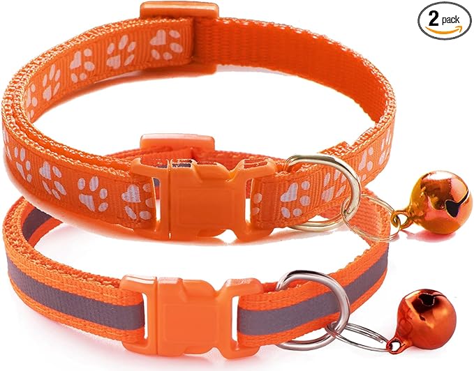 Cat Collar with Bell, 2-Pack Basic & Reflective XS Dog Cat Collar with Bells for XXS Xs Small Pet Dogs Boy Tiny Kitten Girls Animal,Neck 7-12 Inch (Orange, Neck 7-12")