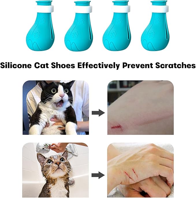 Cat Claw Covers Boots, Anti-Scratch Shoes Adjustable Prickly Anti-Off Shoes, Soft Silicone Paw Protector for Grooming Bathing Shaving to Prevent Scratching (Blue)