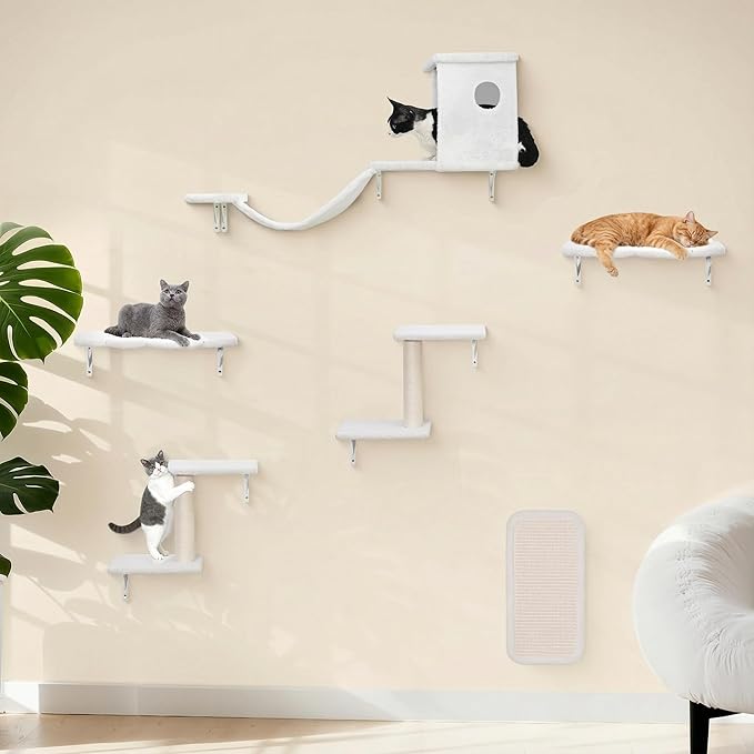 Meecal 6-in-1 Cat Wall Shelves, Wall-Mounted Cat Furniture for Indoor Kittens, Modern Floating Shelves with Scratching Posts, Bed, Perch, Bridge, Condo, Steps and Scratcher, Space-Saving Gym, White