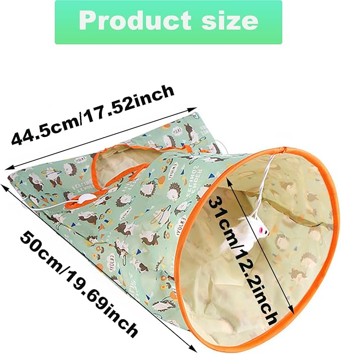 Cat Tunnel Bag for Indoor Cats, Foldable Pet Tunnel Crinkle Sack Bag with a Little Mouse & 3 Toy Ball, Portable Crinkle Paper Interactive Hide and Seek Cat Toys (Green)