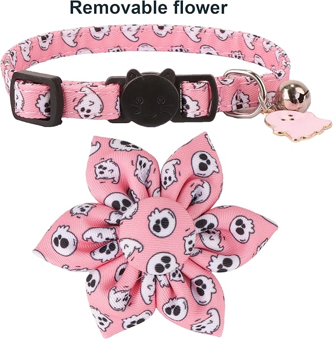 ADOGGYGO Halloween Cat Collar with Floral, 2 Pack Halloween Kitten Flower Collar, Pink Ghost Pumpkin Collars for Cats Kittens