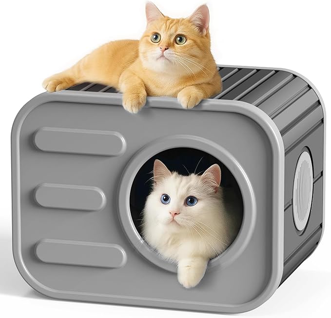 Insulated Outdoor Cat House,Plastic Feral Cat Houses for Outdoor Indoor Cats with Camera Appearance & Large Door,Stackable Cat Houses & Condos,Spacious Cat Bed Cave, Ventilated & Easy to Clean,Black