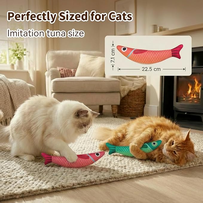 Cat Toys with 5000mg A+Natural Catnip & Bell, Interactive Soft Chew Kicker Cat Toys for Indoor Cats & Kittens, [Crinkle &Bell] Fish Sound Toy, 2 Pack Fish Cat Toys Red Green