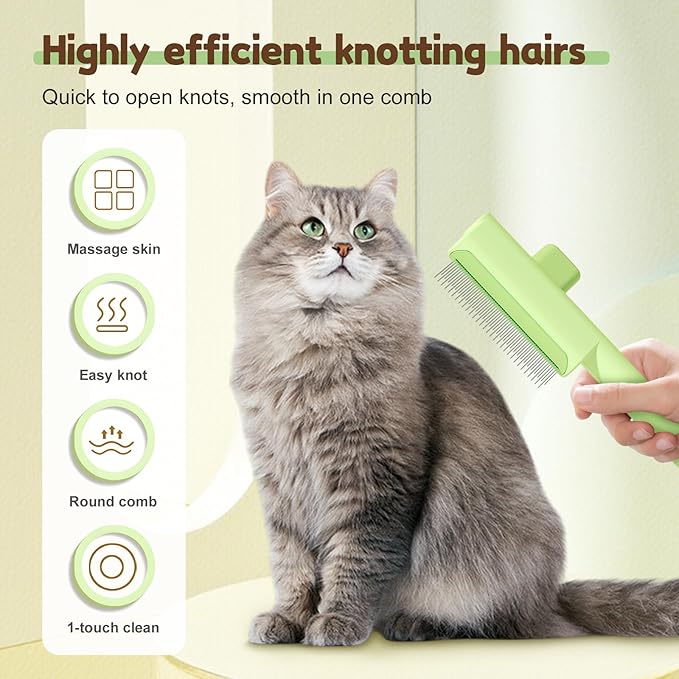 Pet Hair Removal Comb Flea Comb, 2025 Upgrade Cat Grooming Brush, Cat Brush with Release Button, De-Shedding Hair, Dog Grooming Supplies, Fine-Tooth Massage (Green)