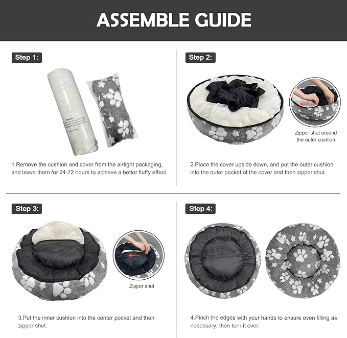 Donut Dog Beds for Medium Dogs, Calming Round Cat Beds for Indoor Cats, Cute 3D Textured Paw Pet Bed with Removable Washable Cover and Anti-Slip Bottom（Grey，30"）